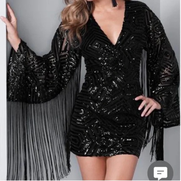 Sequin Fringe V-neck Cocktail Dress - Picture 2 of 8